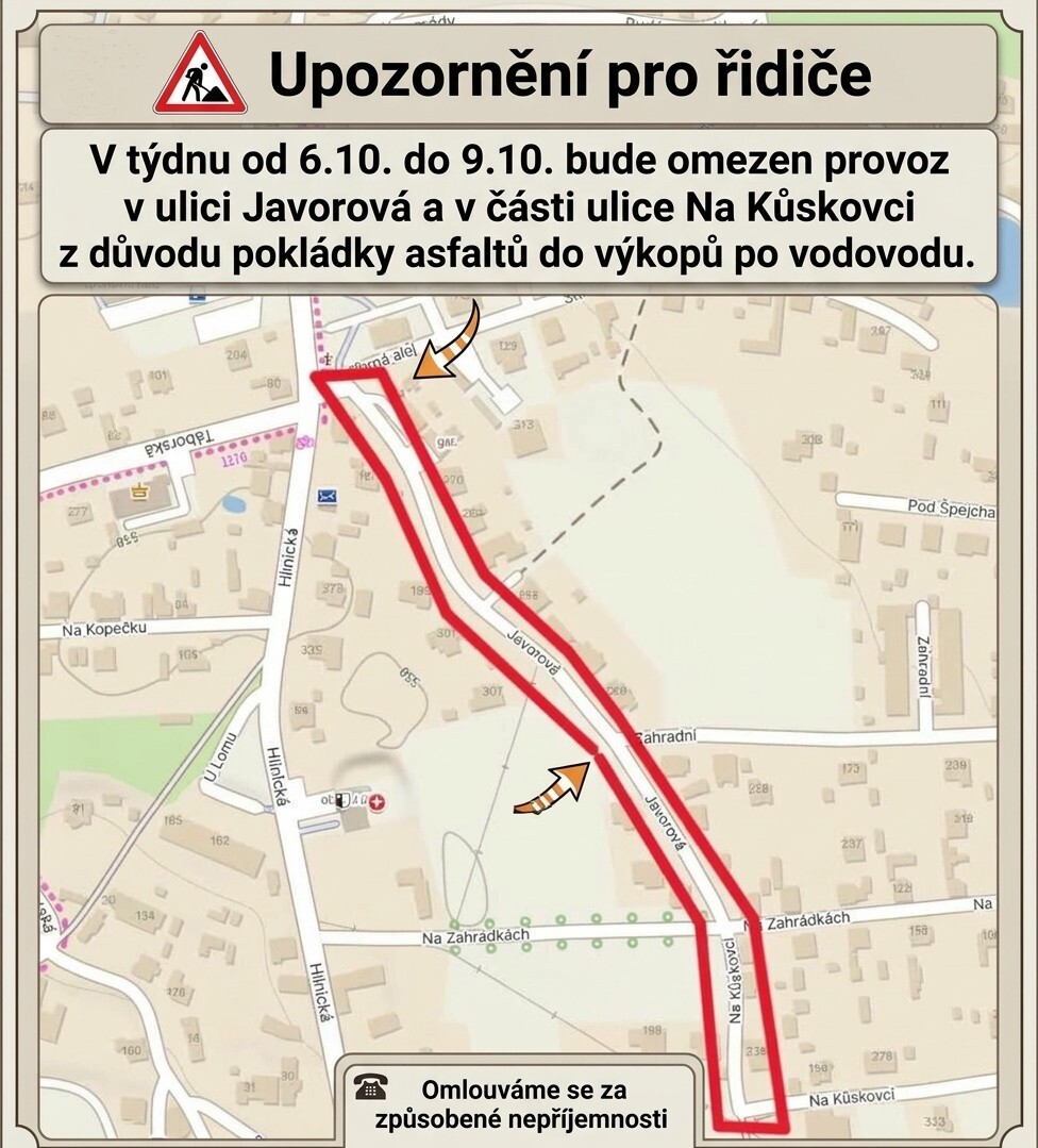Omezení provozu v ulici Javorová