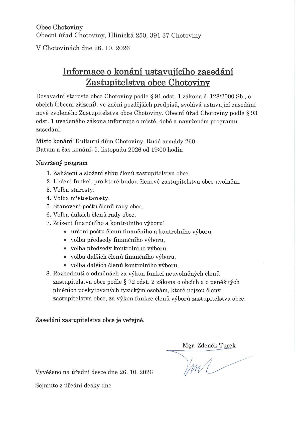 Informace o konání ustavujícího zasedání Zastupitelstva obce Chotoviny