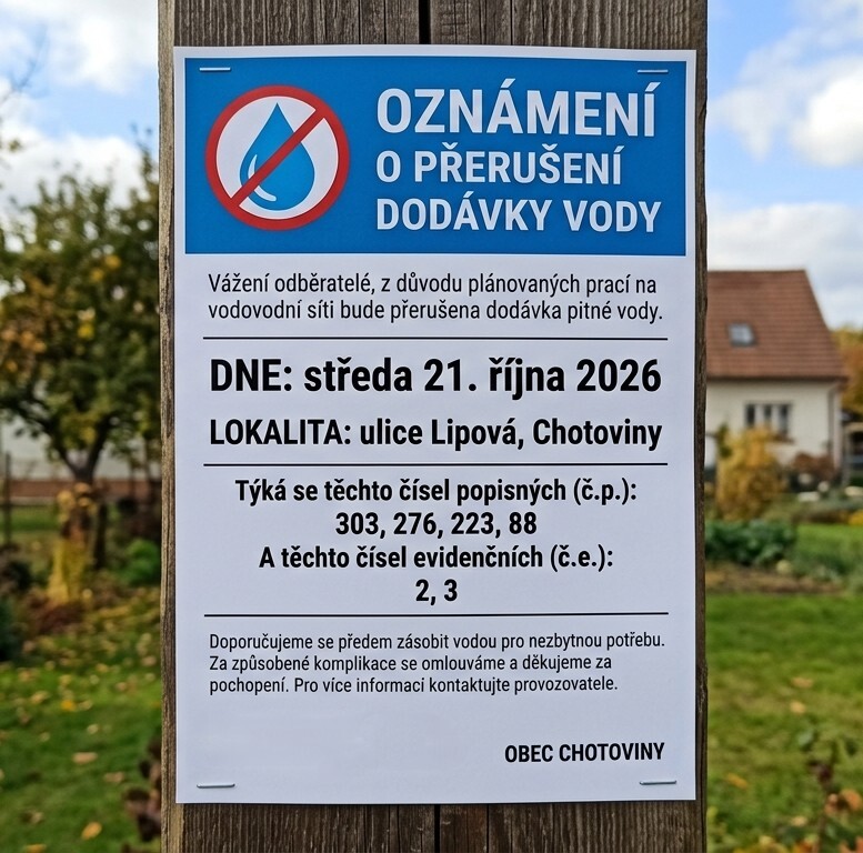 Přerušení dodávky vody ulice Lipová